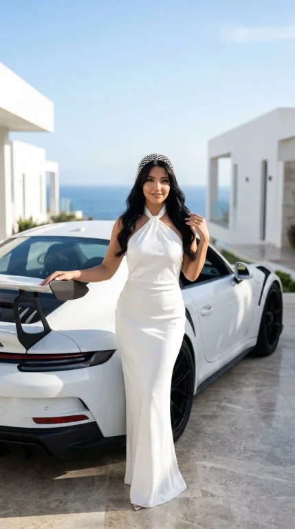 A woman in white satin poses beside a glossy Porsche