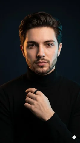 A confident executive in black turtleneck poses with dual lighting — Nano Banana 2 AI Prompt: { "image_profile": { "title": "Dual-Tone Executive Portrait",...