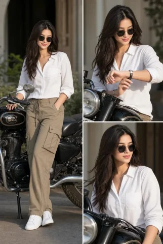 Indian woman poses with vintage motorcycle in three-panel collage. — Nano Banana 2 AI Prompt: Bike love Collage Prompt 🤍🤍 A three-panel fashion collage style photo showcasi...