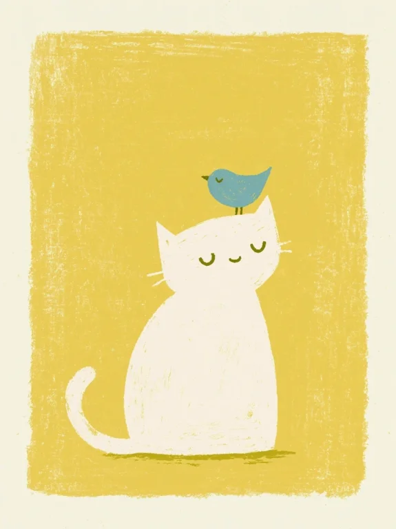 Naive Art Sleeping Cat and Bird