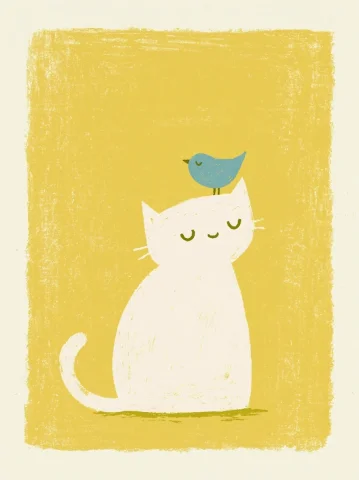 Naive Art Sleeping Cat and Bird — Midjourney v6 AI Prompt: A stylish depiction of a sleeping cat and a bird; Naïve art style; flat composit...