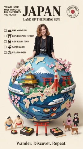 Vintage travel poster shows papercraft globe filled with landmarks — Nano Banana 2 AI Prompt: Design a premium vintage-inspired travel poster on a clean cream background feat...