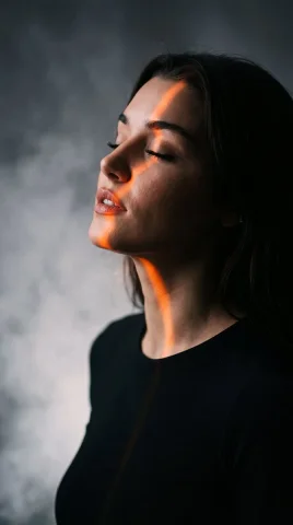 A serene side profile woman glows in orange chiaroscuro light — Nano Banana 2 AI Prompt: The subject is seen from a subtle side profile, her head slightly tilted up, eye...