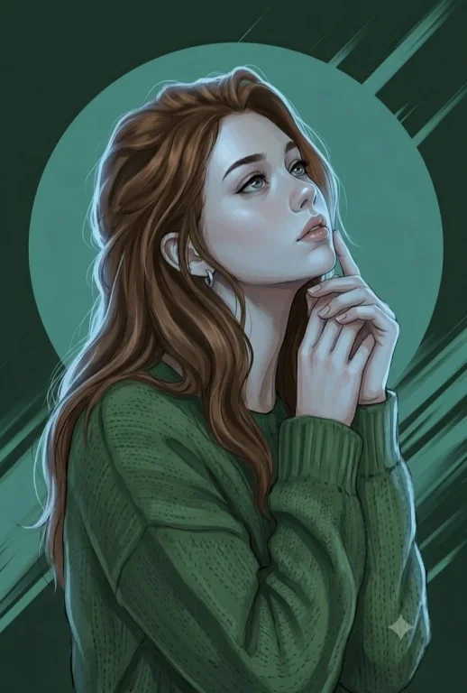 Cool-toned portrait of a thoughtful figure in a green sweater