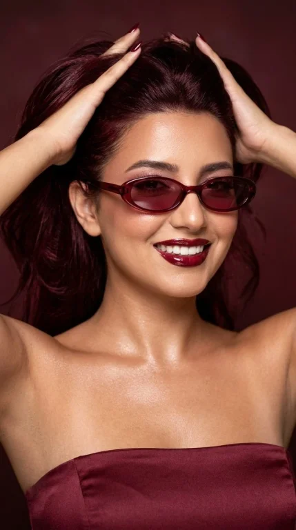 Woman in wine-red glasses sweeps back glossy hair in editorial shot