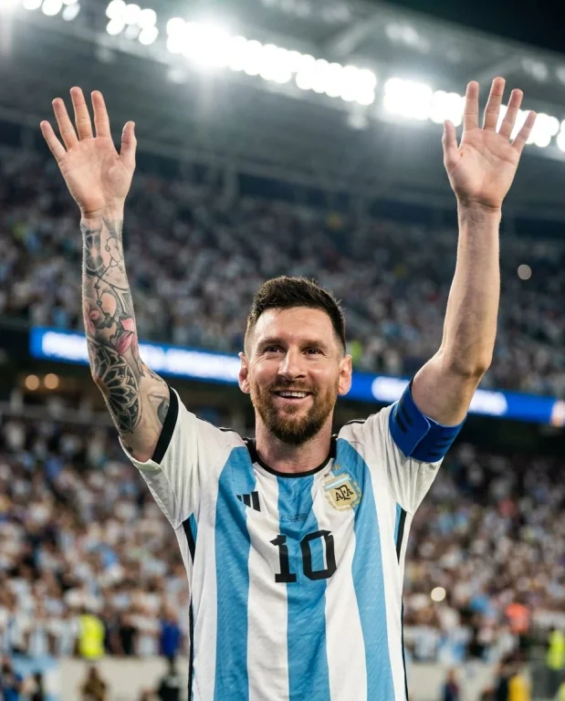 Messi lifts arms in celebration under stadium floodlights on his birthday