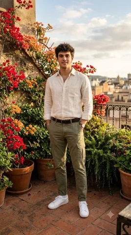 Young man standing in rooftop garden with bougainvillea at golden hour — Nano Banana 2 AI Prompt: Use the exact same face from the reference image without changing facial feature...