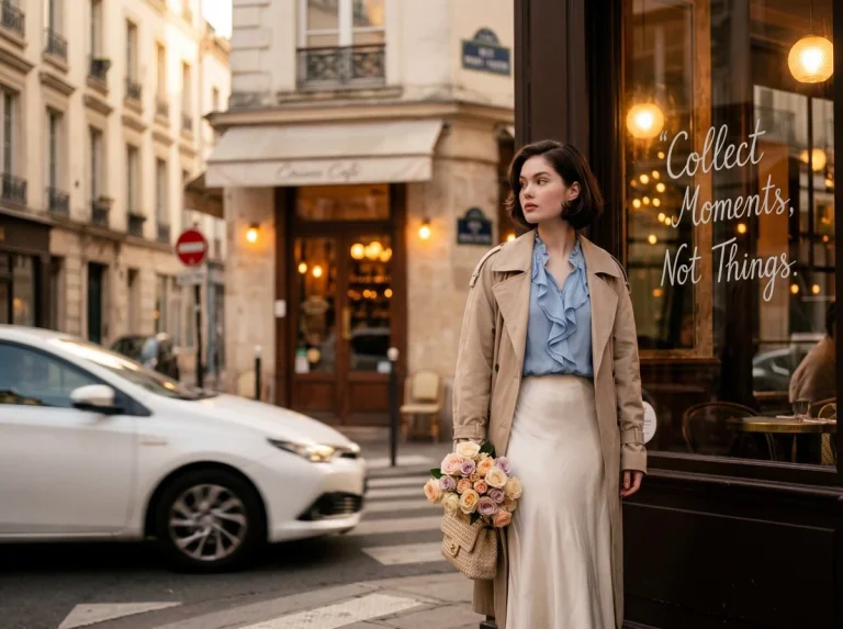 A fashionable woman in a beige trench coat gazes across a cozy European street