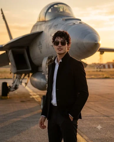 Confident pilot stands beside a fighter jet at golden hour — Nano Banana 2 AI Prompt: An ultra-realistic cinematic portrait of the exact same man from the reference i...