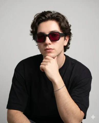 A sharp jawline model wears ruby red designer sunglasses — Nano Banana 2 AI Prompt: { "image_profile": { "title": "Contemporary Eyewear Campaign Portrai...
