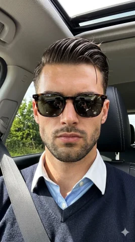A serious man in a car takes a selfie with harsh sunlight — Nano Banana 2 AI Prompt: A close-up portrait features a serious young man seated in a car, positioned squ...