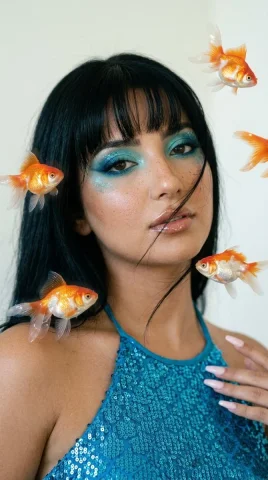 East Asian model with blue aquatic eye makeup poses with floating goldfish — Nano Banana 2 AI Prompt: { "CONSTITUTION": { "render_intent": "surreal fine-art fashion edito...