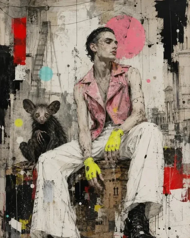 A woman in a red dress stands beside a wolf in an alley