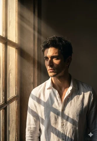 Golden hour sunlight creates dramatic chiaroscuro on a contemplative man — Nano Banana 2 AI Prompt: An ultra-realistic cinematic portrait of the exact same man from the reference i...