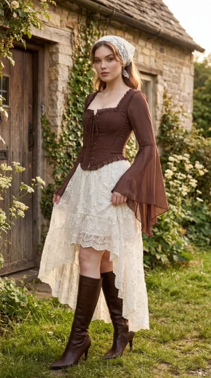 Young woman in chocolate corset and ivory lace skirt poses by cottage