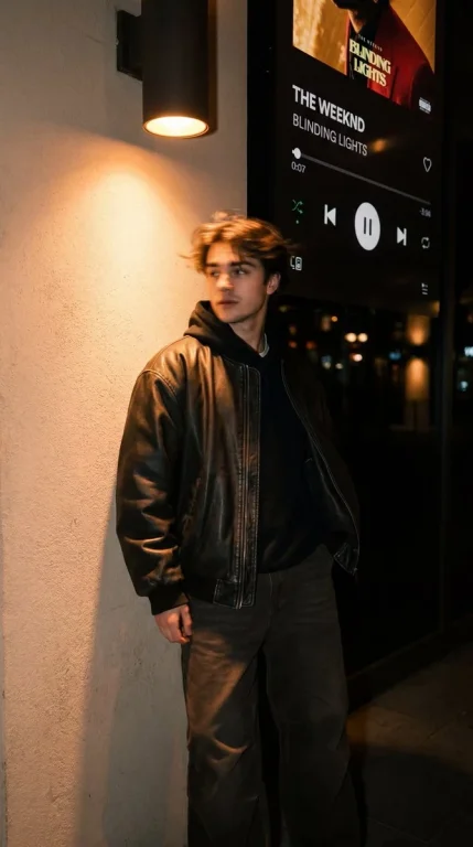 A woman in a leather jacket turns her head in warm amber light