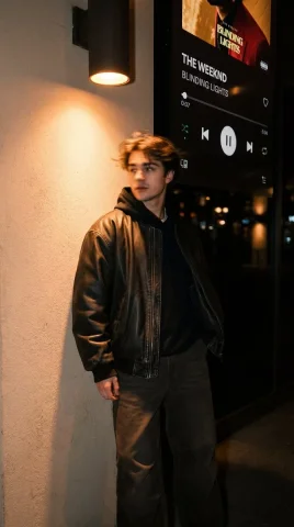 A woman in a leather jacket turns her head in warm amber light — Nano Banana 2 AI Prompt: Use the uploaded photo as the base reference and preserve the person's recogniza...