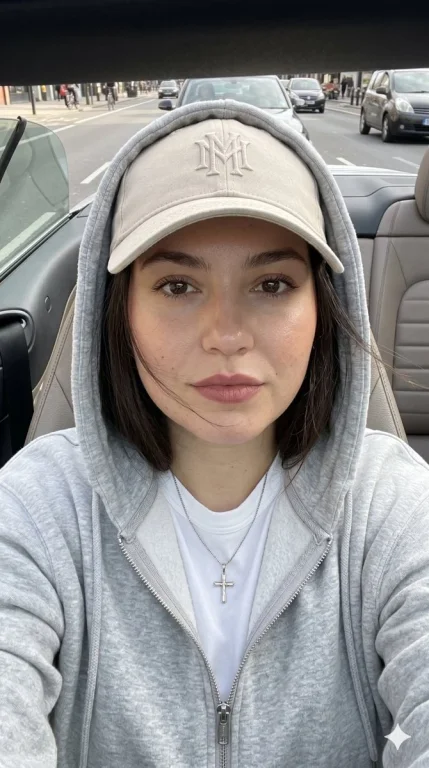 Model in beige cap and gray hoodie gazes calmly at camera