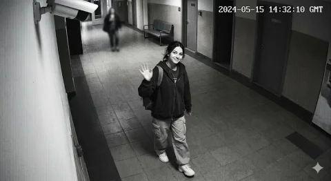 Teenage girl smiles and waves at a security camera in a hallway — Nano Banana 2 AI Prompt: Generate a image CCTV-style surveillance footage capturing a stylish teenage g...