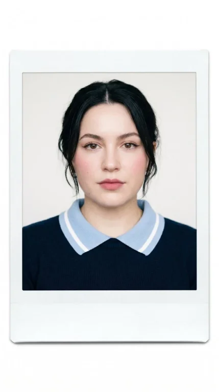 A young woman in navy sweater poses for minimalist portrait.