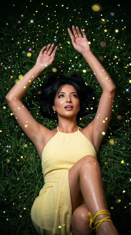 Woman in yellow dress reaches for fireflies in magical night garden