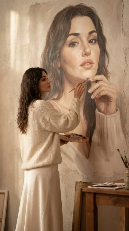 Artist paints a gigantic self-portrait mural on textured wall