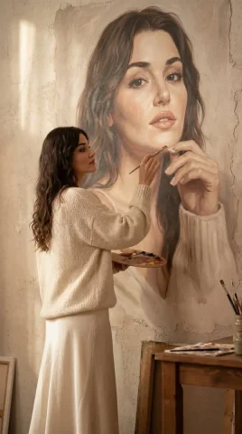 Artist paints a gigantic self-portrait mural on textured wall — Nano Banana 2 AI Prompt: Ultra realistic indoor portrait scene of a female artist with facial features, h...