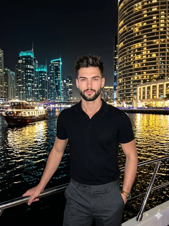 Confident man in black polo poses at glowing marina railing