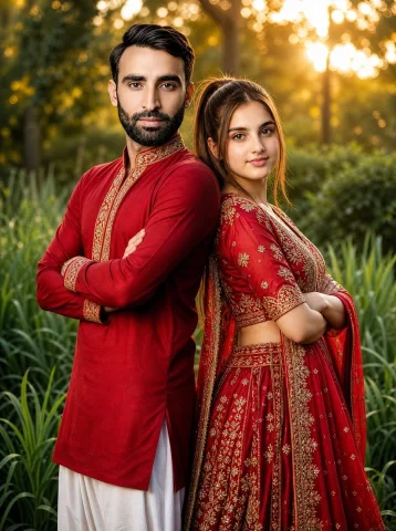A South Asian couple poses back-to-back in golden garden sunlight — Nano Banana 2 AI Prompt: A hyper-realistic cinematic portrait of a young South Asian couple standing back...
