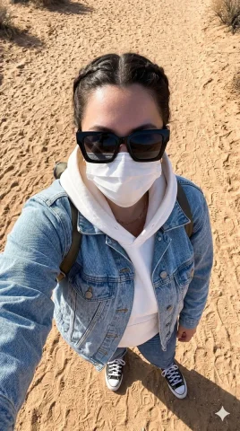 A young traveler takes an overhead selfie on a desert trail — Nano Banana 2 AI Prompt: { "title": "Urban Explorer Overhead Travel Selfie", "scene_description":...