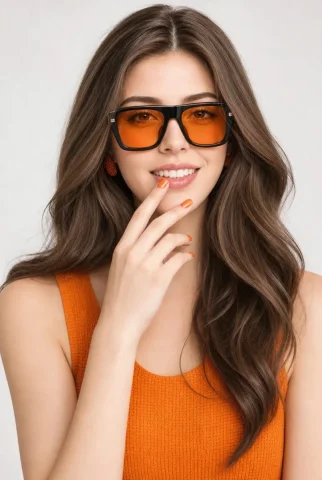 A woman in orange sunglasses smiles playfully in studio light — Nano Banana 2 AI Prompt: Close-up portrait, front view. A young woman with fair skin, wearing over-sized...