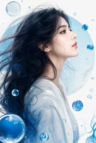 Elegant woman with flowing black hair and blue spheres — Nano Banana 2 AI Prompt: Ultra-realistic IMAX-level Netflix-style cinematic artistic side-profile portrai...