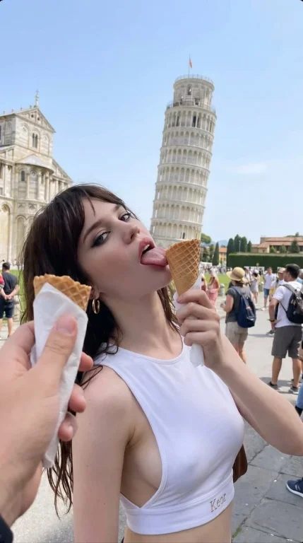 A woman licks an ice cream cone near the Leaning Tower of Pisa