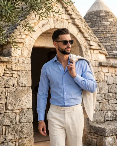 Confident man in blue shirt turns through Mediterranean stone archway — Nano Banana 2 AI Prompt: A medium waist-up framing captures a confident adult male in mid-stride, his che...