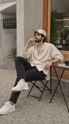 Man in beige shirt relaxes at minimalist café in natural daylight — Nano Banana 2 AI Prompt: Ultra realistic soft aesthetic fashion portrait of an 21-year-old man sitting ca...