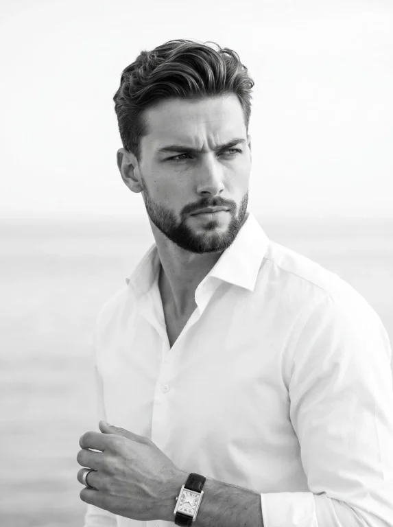 A serious model in white shirt poses against blurred water background