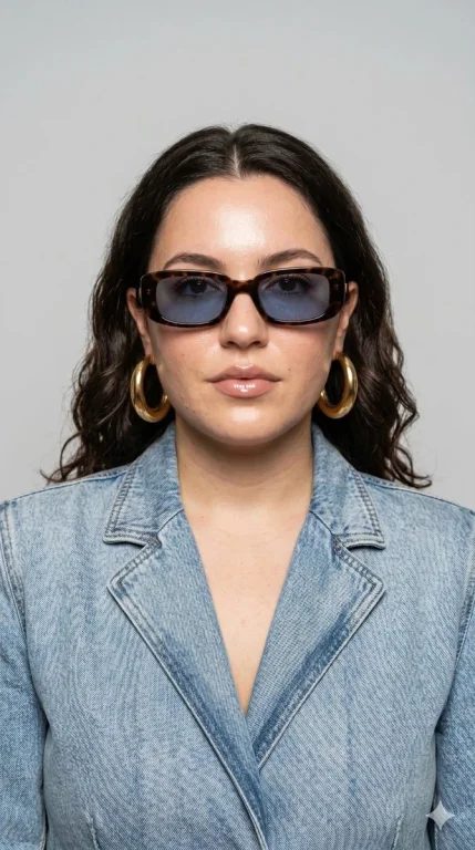A confident model in retro sunglasses poses for editorial fashion portrait