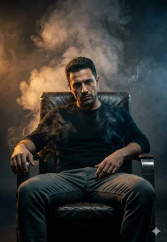 A man in a worn leather chair glares through thick industrial smog — Nano Banana 2 AI Prompt: Use the exact facial features and identity from the reference image. Generate a...