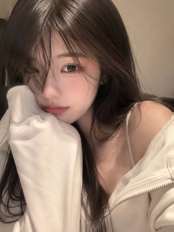 Young woman rests her cheek in a cozy cream hoodie sleeve