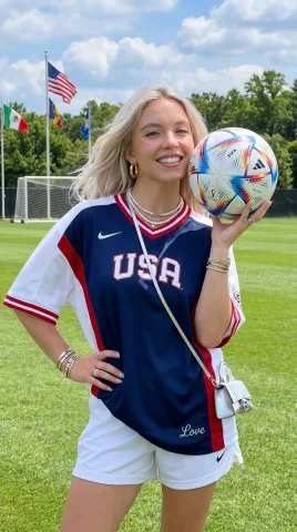 Sydney Sweeney poses with soccer ball on sunny field. — Nano Banana 2 AI Prompt: Sydney Sweeney standing on a vibrant green soccer field under bright natural day...