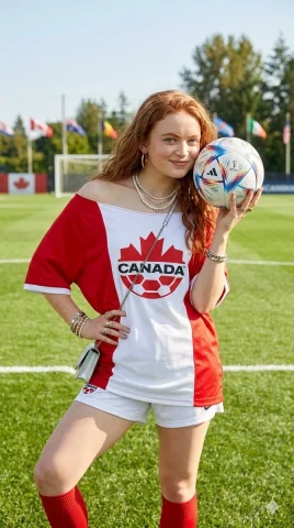 Sadie Sink poses on a vibrant soccer field in a Canada jersey — Nano Banana 2 AI Prompt: Sadie Sink standing on a vibrant green soccer field under bright natural dayligh...