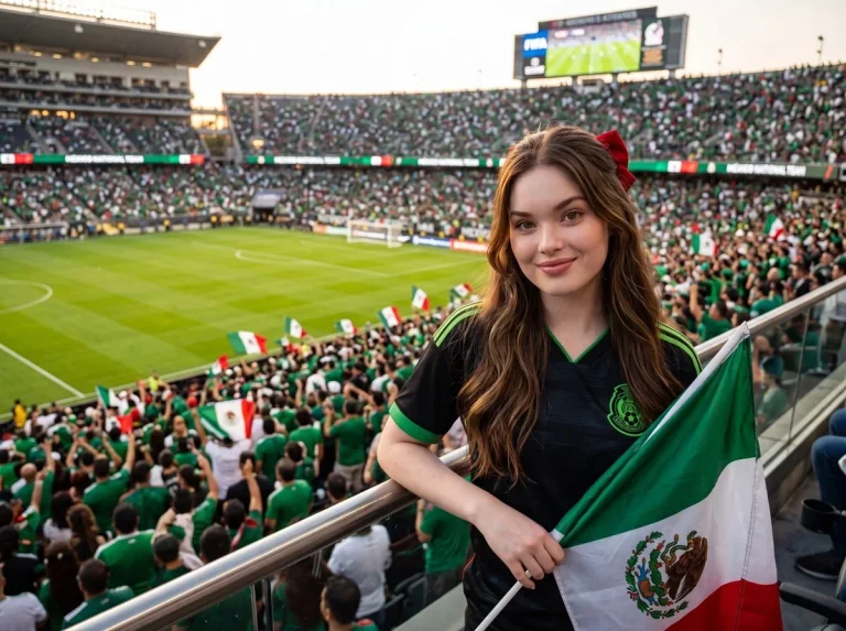 Young Mexican fan smiles in VIP stands during national team match