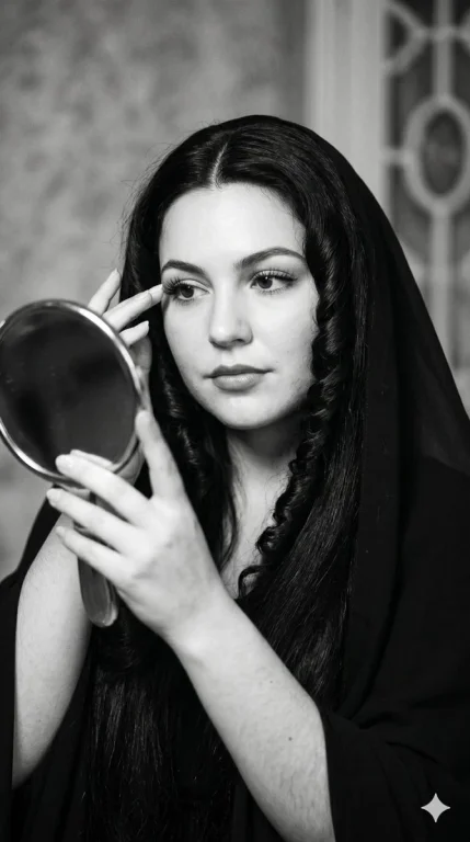 A vintage beauty wears a dark veil with thoughtful eyes