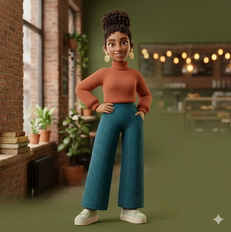 Woman with curly hair poses in warm cafe with string lights