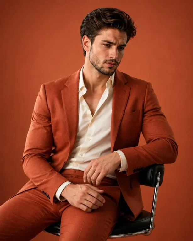 A man in burnt orange suit sits on chrome stool