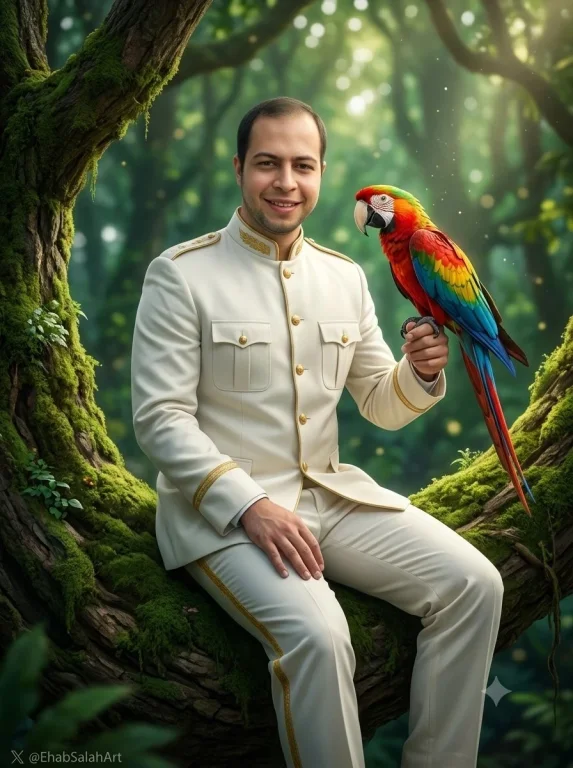 A hijabi queen in blue gown sits with a macaw on a forest branch