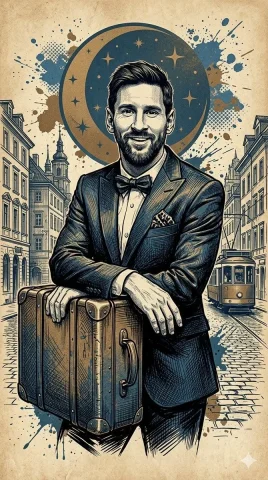 Lionel Messi smiles in vintage European city street portrait — Nano Banana 2 AI Prompt: ​A vintage-style illustration poster featuring a detailed, smiling portrait of L...