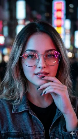 Young woman with glasses smiles in neon portrait with glowing reflections — Nano Banana 2 AI Prompt: Ultra-realistic candid smartphone photo, vertical 9:16. Close-up portrait of a y...