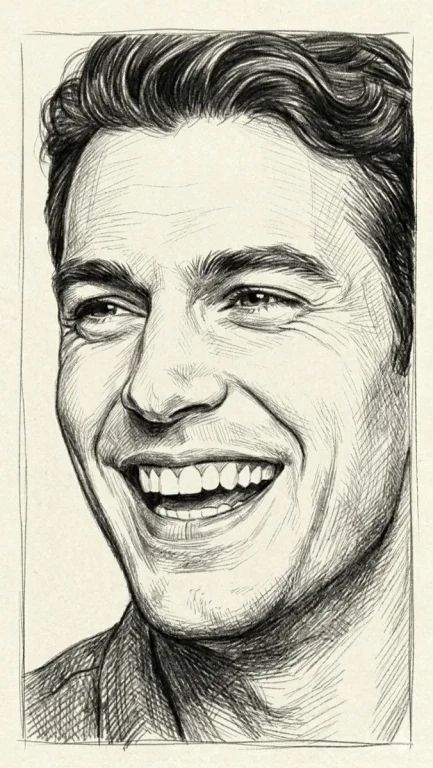 A laughing couple shares joy in detailed pencil sketch