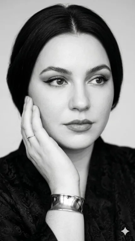 A graceful woman gazes softly aside in monochrome elegance